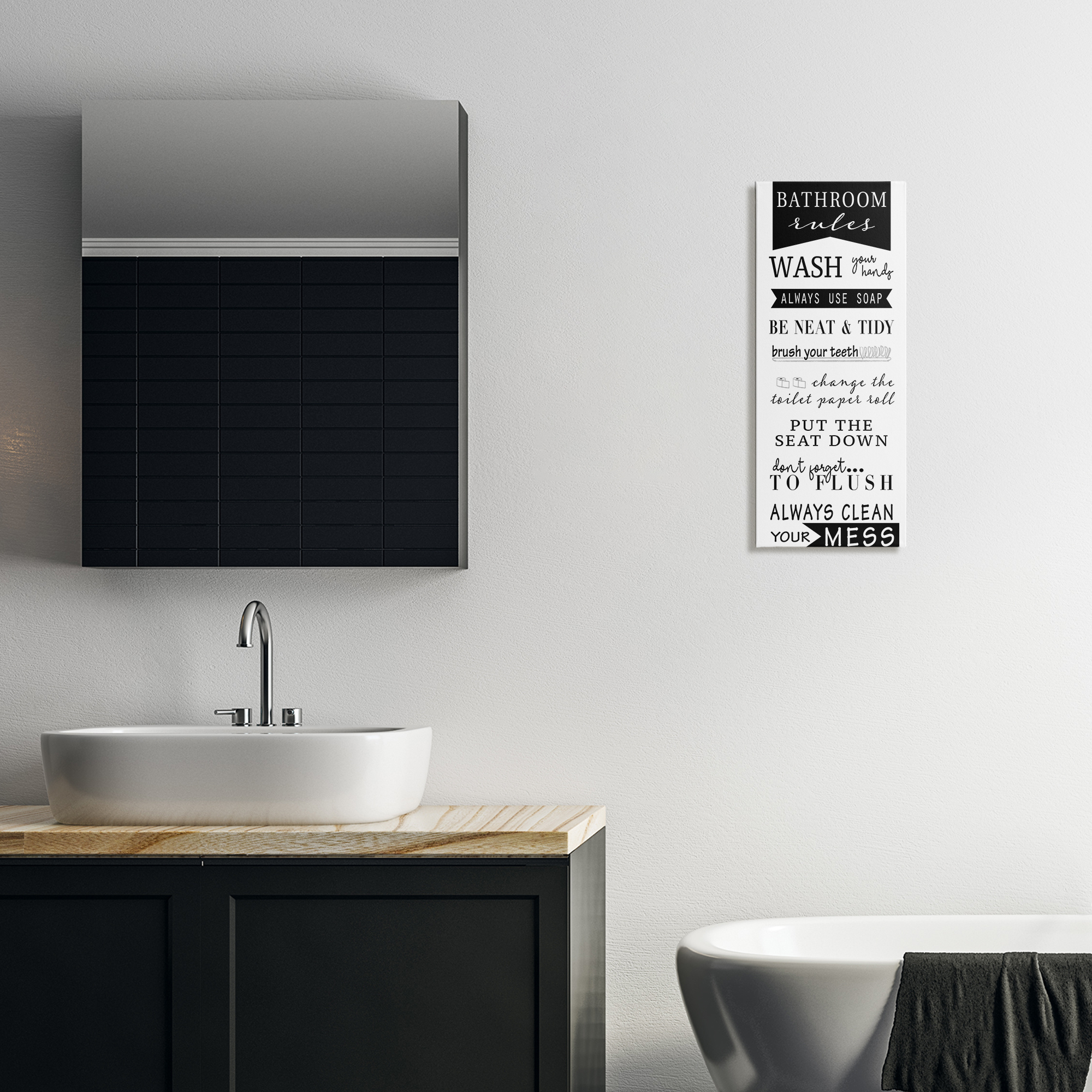 Stupell Industries Black Bathroom Rules Typography Painting Gallery Wrapped Canvas Art Print Wall Art, 10 x 24
