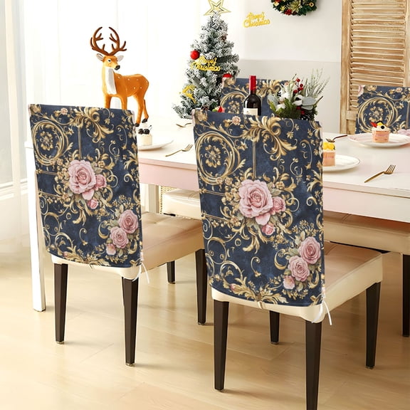 YAZAOO Chair Covers Set Home Kitchen Floral Pink Roses Gold Filigree Party Decor Seat Back Cover Protector