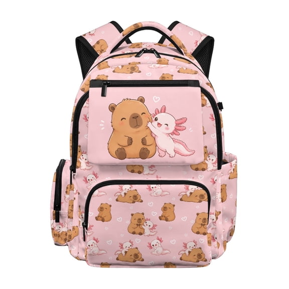 Chririnla Capybara Axolotl School Bag 17 Inch, Durable Lightweight Backpack for Elementary School and Daily Use
