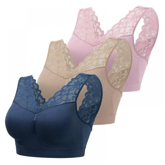 Baozhu 3Pcs Plus Size Women Lace Sports Bras Seamless Comfortable Push Up Bras Yoga Gym Workout Strap Vest Tops M-3XL (Pink/Navy Blue/Khaki)