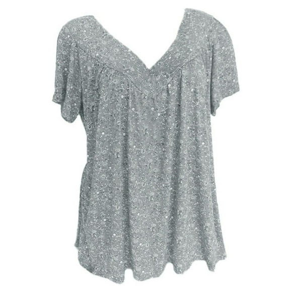Women's Casual Boho Floral Printed V Neck Tunic Tops Plus Size Short Sleeve Pleated T Shirt Blouses S-5XL