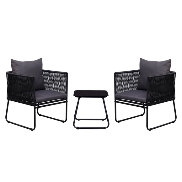 Set de Exterior Kiri Relan 2 Sillas + Mesa Auxiliar de Ratán y Acero Color Negro