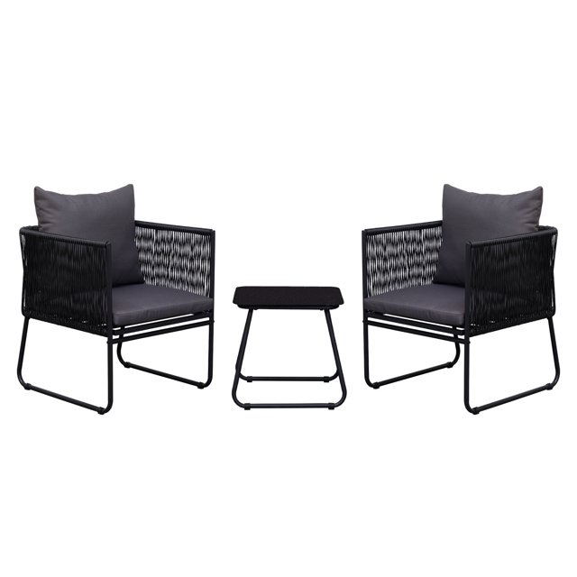 Set de Exterior Kiri Relan 2 Sillas + Mesa Auxiliar de Ratán y Acero Color Negro