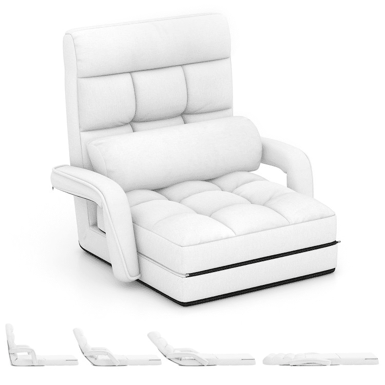 Barara King Folding Lazy Floor Chair with Armrests and Pillow, Recliner Chair Sofa with Adjustable Feature, Single Recliner for Bedroom, Living Room, Home Office, White