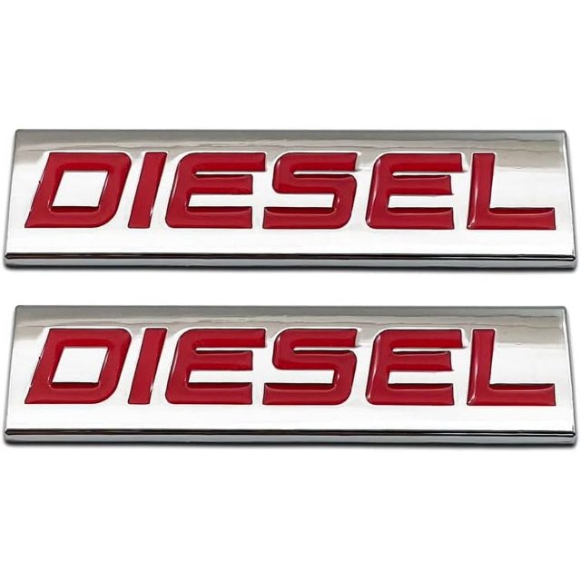 2Pcs Chrome 3D Metal Engine Emblem Car Logo Side Door Trunk Emblem Racing SUV Decal Coupe V6 V8 Badge Sticker (Silver&Red,Diesel)
