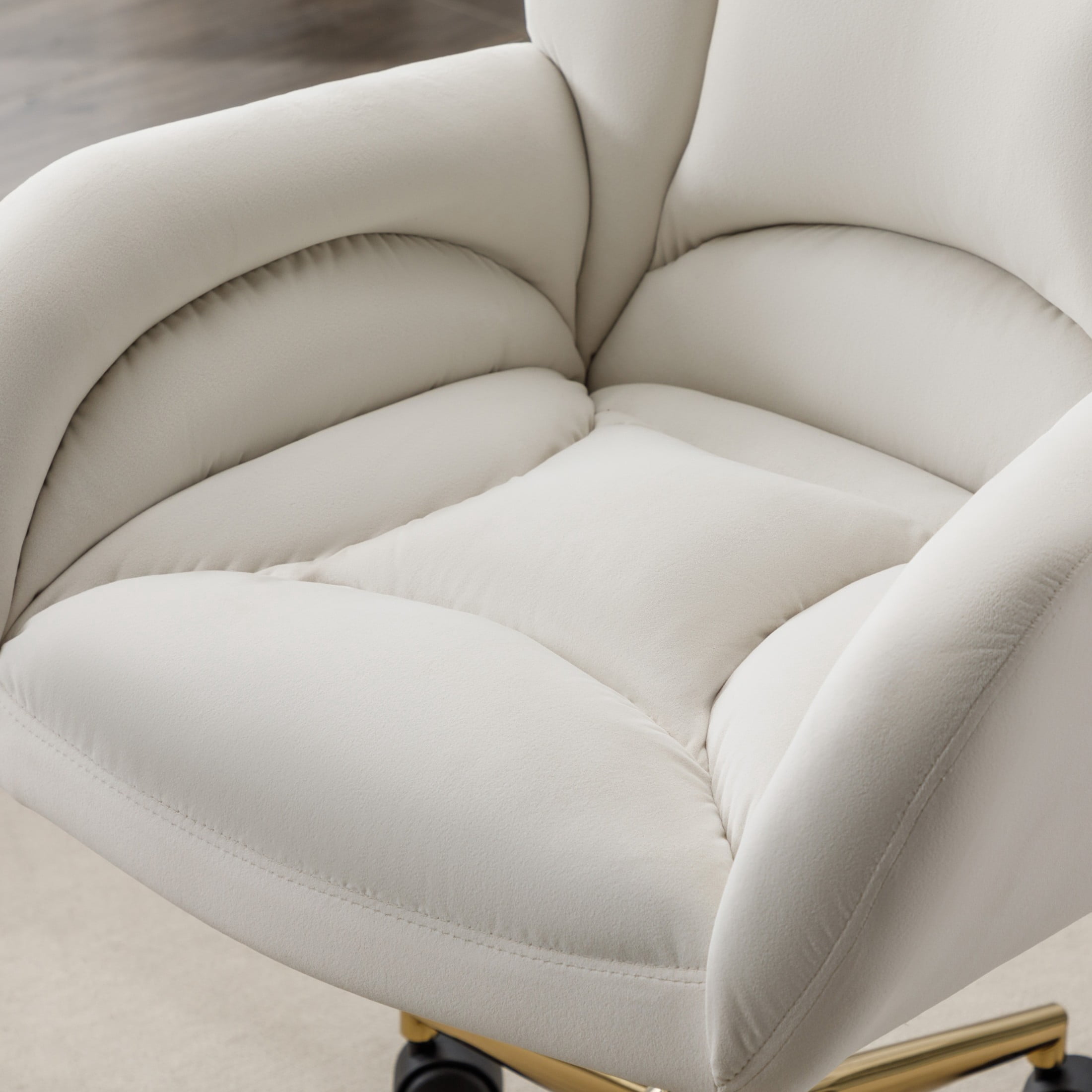 Noble House Rostin Velvet Swivel Home Office Chair, Ergonomic Makeup Vanity Seat with Adjustable Gold Base, Ivory