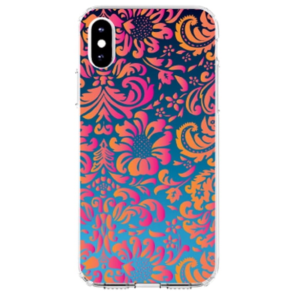 DistinctInk Clear Shockproof Hybrid Case for iPhone XS Max (6.5" Screen) - TPU Bumper, Acrylic Back, Tempered Glass Screen Protector - Pink Orange Blue Flower Floral