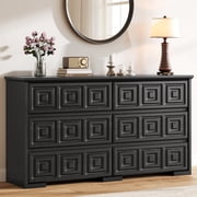 Laintene Dresser for Bedroom, 54" Wide Farmhouse 6 Drawer Dresser with Carved Panels, Wood Chest of Drawers, Long Bedroom Dresser for Living Room, Black