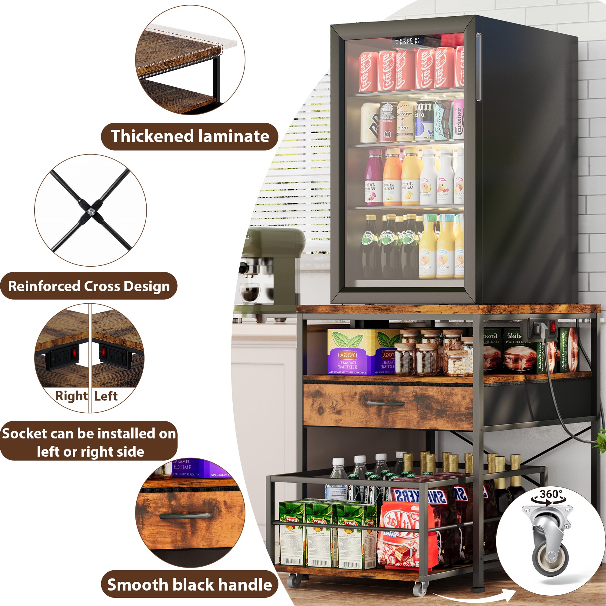 Mini Fridge Stand with Drawer Storage and Power Outlet, Heavy Duty Mobile Mini Fridge Shelf with Wheels, Beverage Refrigerator Table Stand,Brown