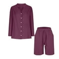 thumbnail image 3 of Women's Cotton Linen Short Sets 2 Piece Long Sleeve Button V Neck Top and Short Vacation Two Piece Outfits, 3 of 8