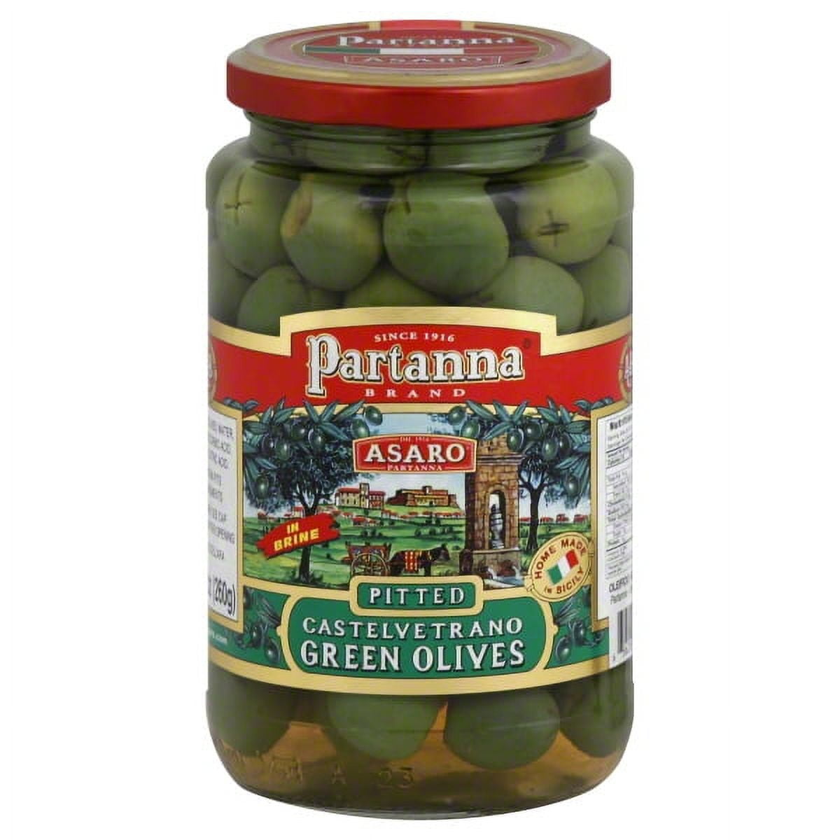 Partanna Pitted Castelvetrano Olives - Authentic Sicilian - Premium Handpicked - Snacking-Aperitif-Cooking-Baking-Heart-Healthy-  Keto & Paleo- Product Of Italy -  19 oz Jar
