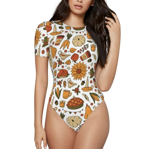 Fotbe Thanksgiving Food Body de Mujer con Cuello Redondo y Mangas Cortas, Sin Mangas Ajustado, Suave, Cómodo y Básico-Medium