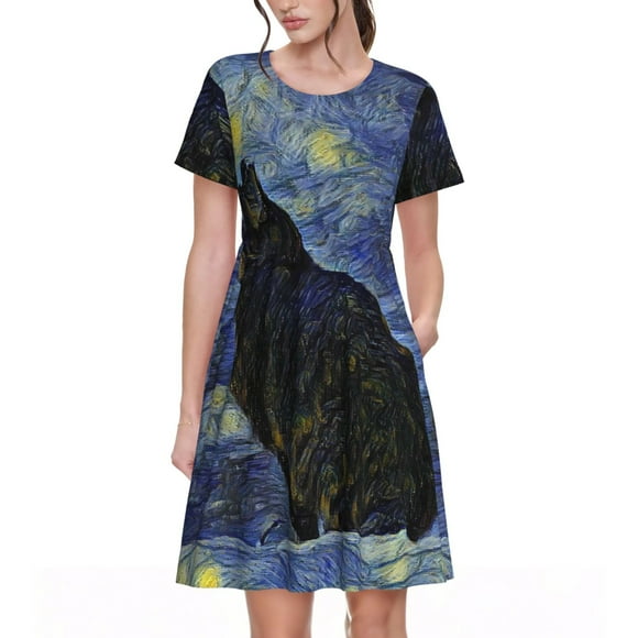 Sikiie Shambhala Cat In Van Gogh Impressionist Print Women's Short-sleeved Dress, Round Neck Slim Knee-length Dress, Summer Clothing Suitable for Daily Leisure and Vacation