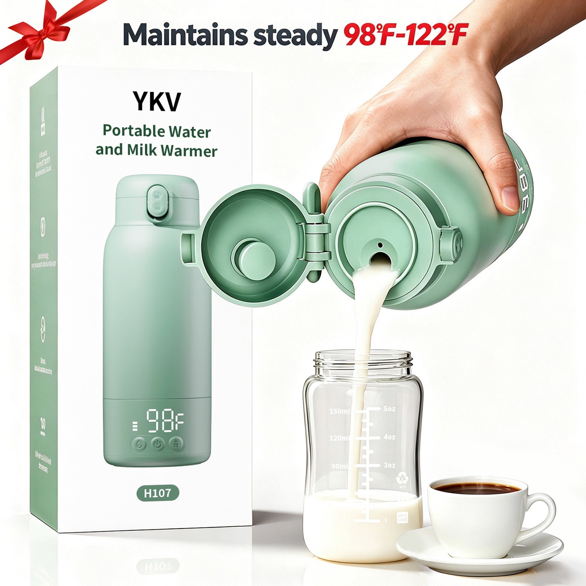 YKV Portable Bottle Warmer, Rechargeable Baby Milk Warmer for Travel, 17oz Large Capacity Fast Heating, Long Battery Life, Cordless Breastmilk Warmer with Cleaning Brush