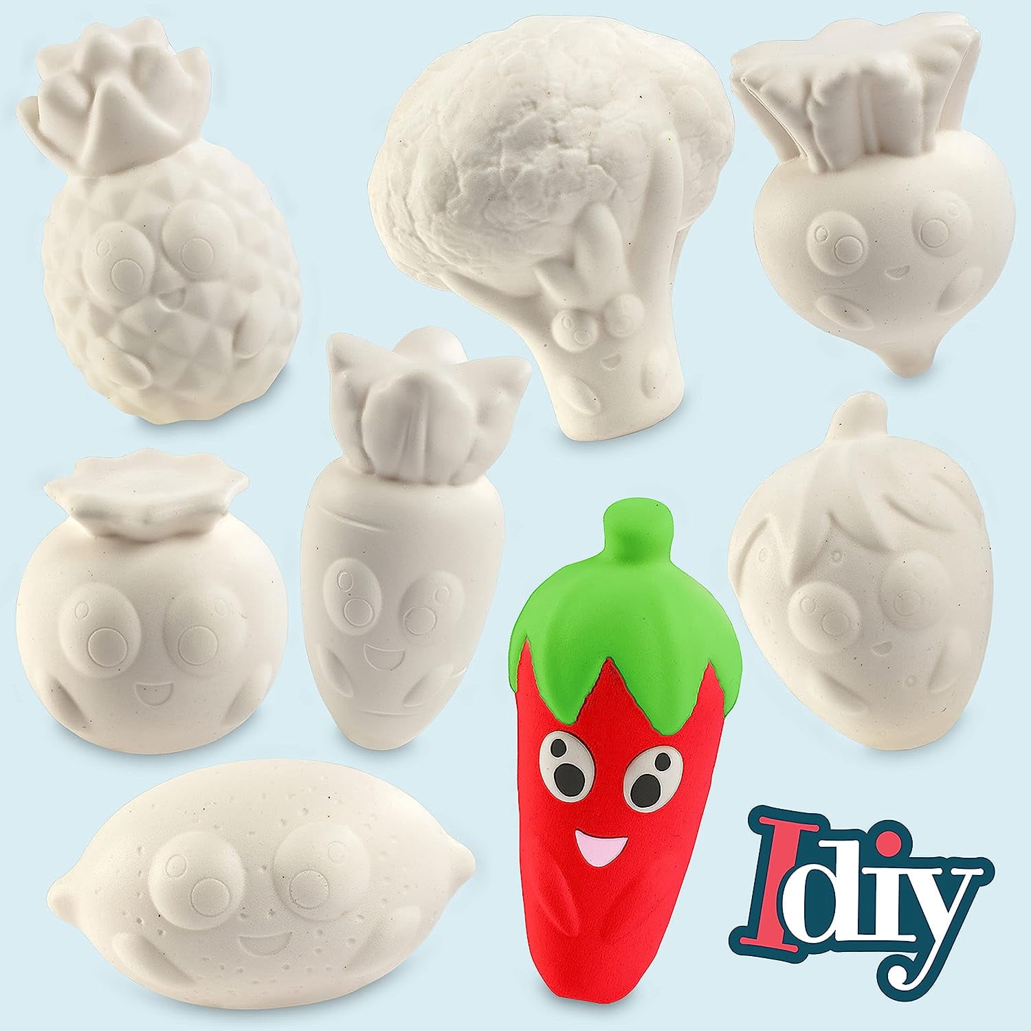 DIY Jumbo Fruit and Veggie Squishies (12 Unique Shapes) White Kawaii Scented Slow Rising Squishy Toys, Paint, Decorate, Scented Stress Relief Craft, Kid Classroom, Birthday Party Activity Gift (4-6")