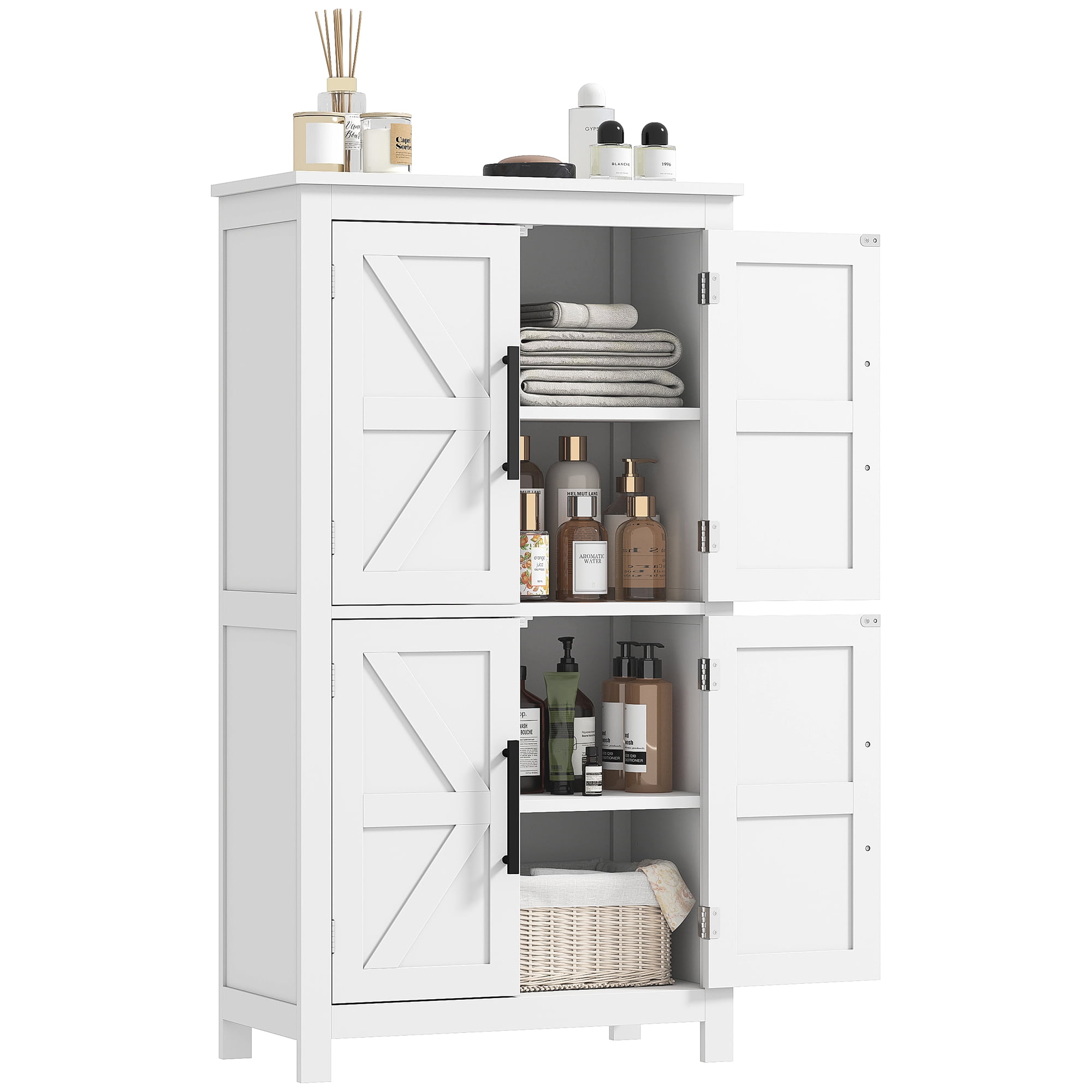 HOMCOM Bathroom Floor Cabinet, Farmhouse Bathroom Cabinet with Barn Doors, Bathroom Storage Cabinet with Adjustable Shelf, White
