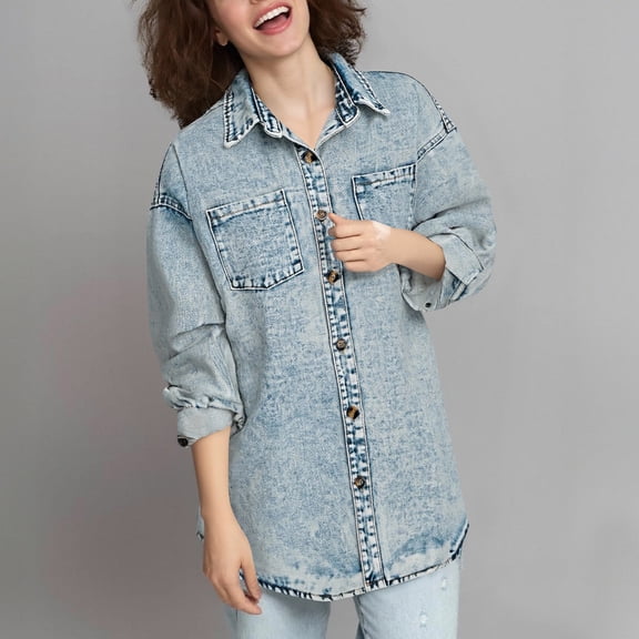 Women's Oversized Wash Denim Shirt Jackets Boyfriends Lapel Long Sleeve Loose Fitting Jean Shacket Light Blue L