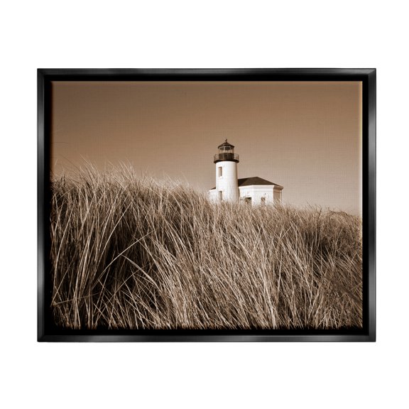 Stupell Industries Seaside Lighthouse Beach Grasses Photography Coastal Photography Black Floater Framed Art Print Wall Art