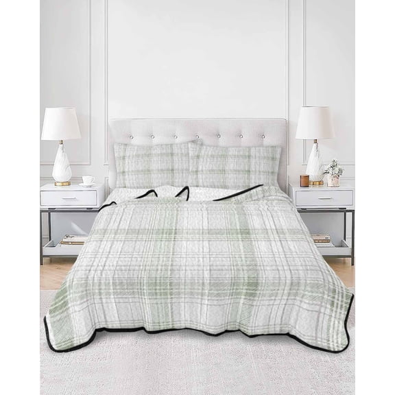 Quilts King Size, Sage Green Checkered Soft Comforter Bedding Set for Bed, Summer Modern Minimalist Lightweight Quilted Bedspread with Pillow Cover(2 Pieces) for All Season, 96x106 Inch