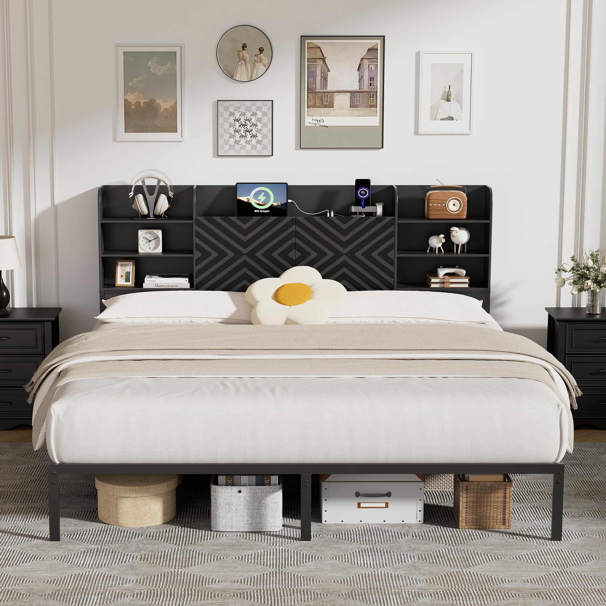 Farmhouse King Size Bed Frame with Move Storage Headboard & 2 Drawers, Platform Bed Frame with 3-in-1 Charging Station, Upholstered Bed Frames with Metal Slats Support