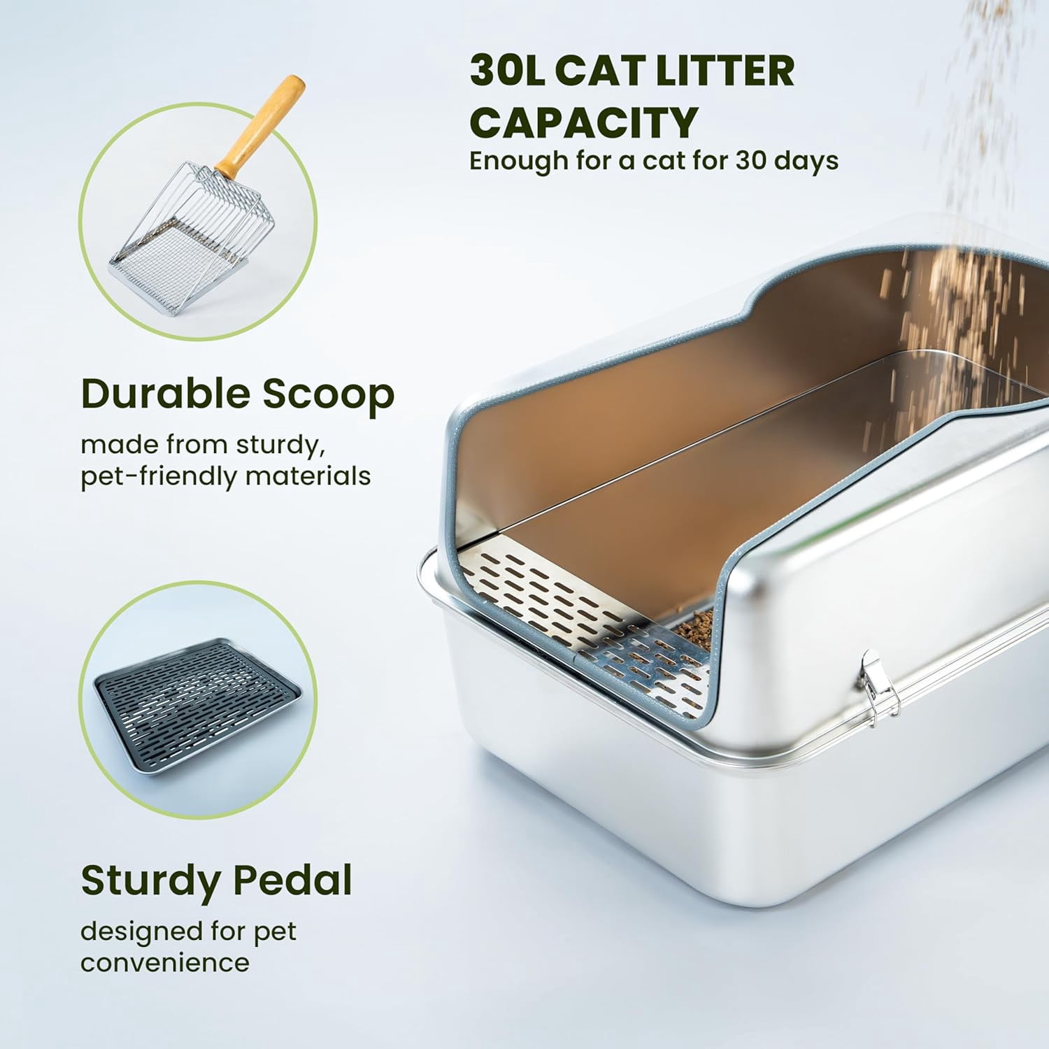 Cattasaurus Stainless Steel Litter Box for Large Cats with Scoop and Pedal
