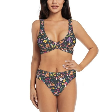 Zeuib Mushrooms Snails Butterflies High Waisted Tummy Control Bikini Set - Knot Front Push Up Top & Cheeky Thong Bottom  Two-Piece Swimsuit for Women-Small