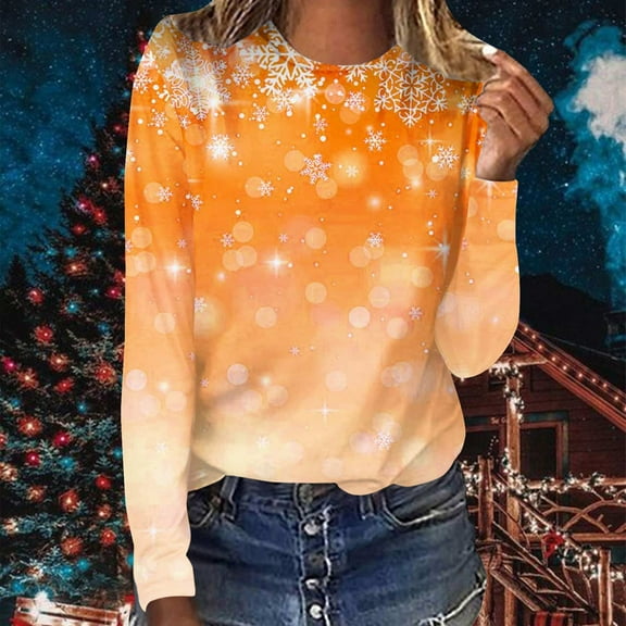 Uootdi Christmas Long Sleeve Shirts for Gift Women Crewneck Xmas Graphic Snowflakes Printed Vintage Tops Fall Fashion Must Have s