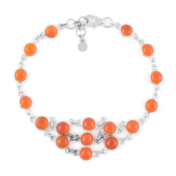 QNAVIC Natural Carnelian Cabochon Bezel Charm Bracelet For Women, Healing Chakra Crystal, October Birthstone, Rhodium Plated 925 Sterling Silver Handmade Dainty Bracelet, Gifts for Her