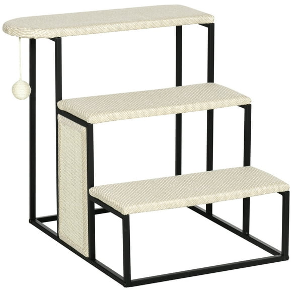PawHut 20" 3 Steps Cat Stairs, Carpeted Ladder Ramp, Pet Steps with Scratching Board and Hanging Ball for Small Cats, Steel Frame, Cream White