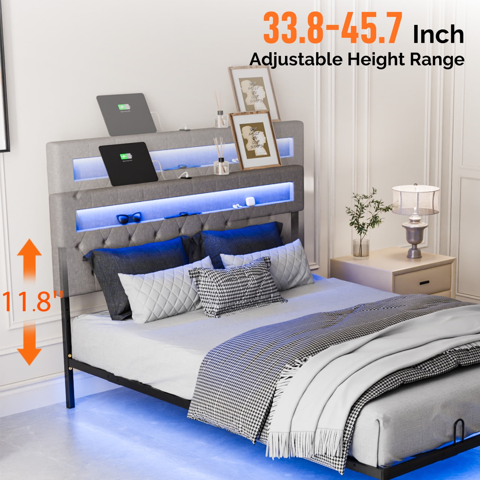 Zimtown Floating Bed Frame Queen Size Metal Platform Bed for Bedroom, No Box Spring Needed, Gray