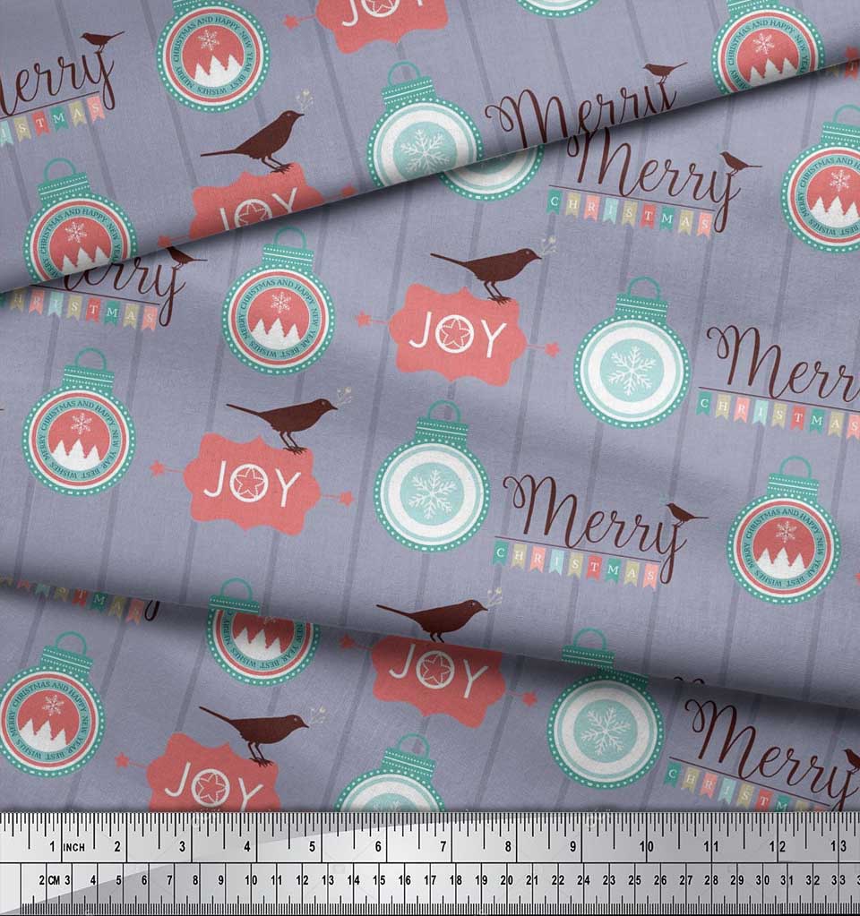 Soimoi Grey Georgette Viscose Fabric Bird,Stripe & Baubles Christmas Decor Fabric Printed Yard 42 Inch Wide
