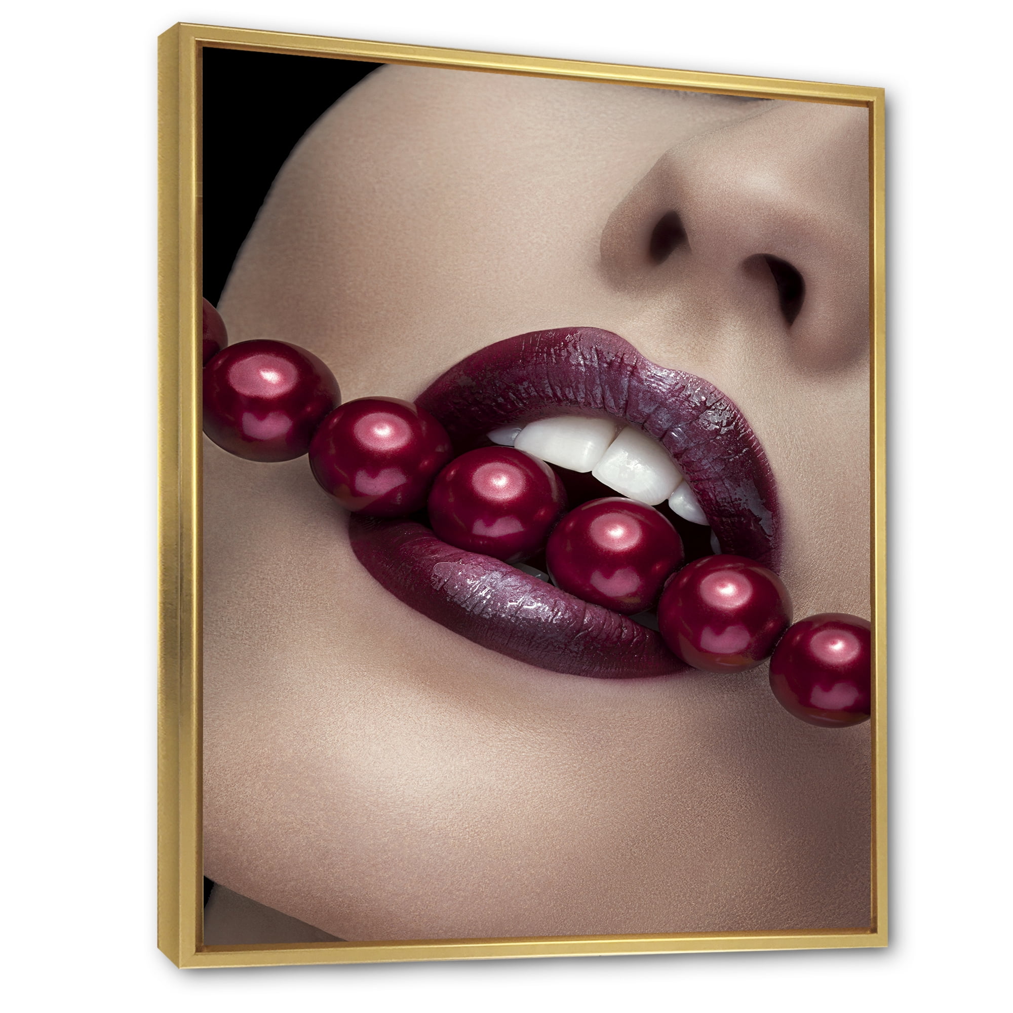 Designart 'Girl Bitting With Red Lips With Red Pearls' Modern Framed Canvas Wall Art Print
