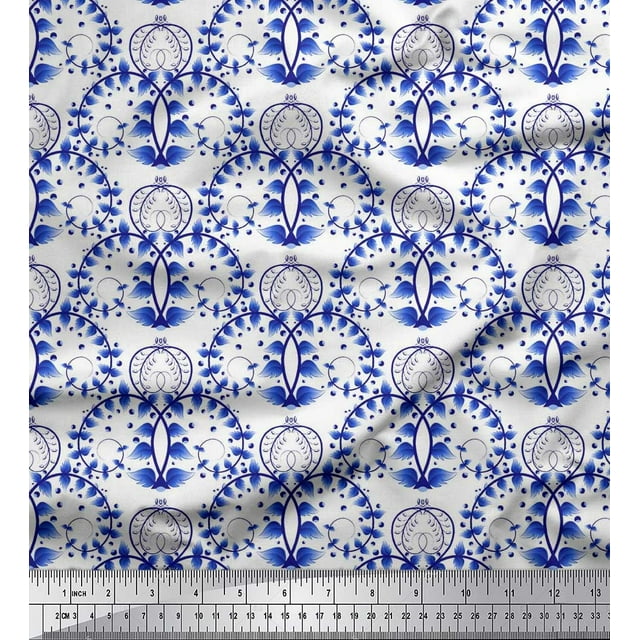 Soimoi Polyester Crepe Fabric Floral,Fish & Deer Artistic Decor Fabric Printed Yard 52 Inch Wide