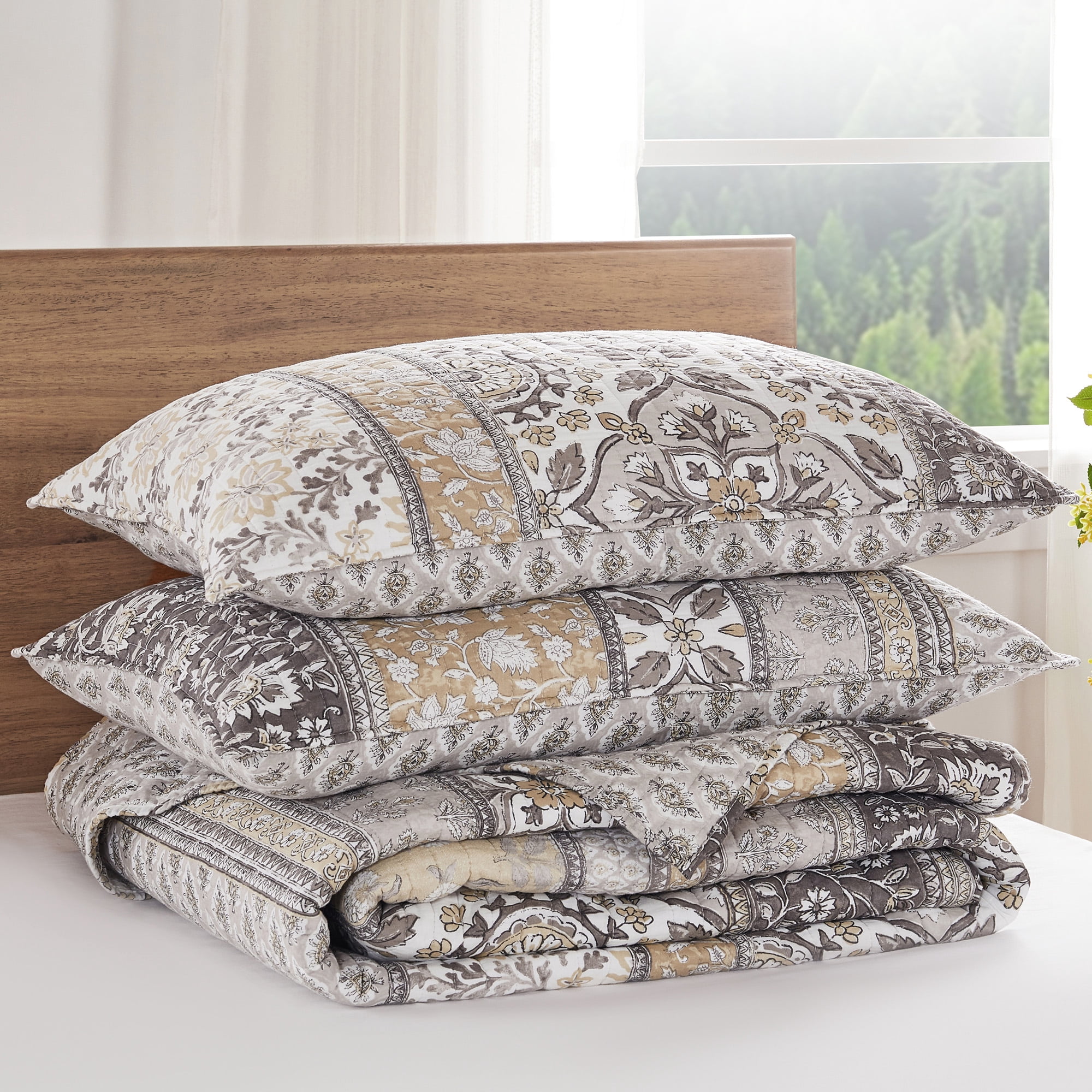 Levtex Home - Lirelle Quilt Set - King Quilt and Two King Shams - Bordered Floral - Grey Tan White and Charcoal - Quilt (106x92in.) and Shams (20x36in.) - Reversible - Cotton