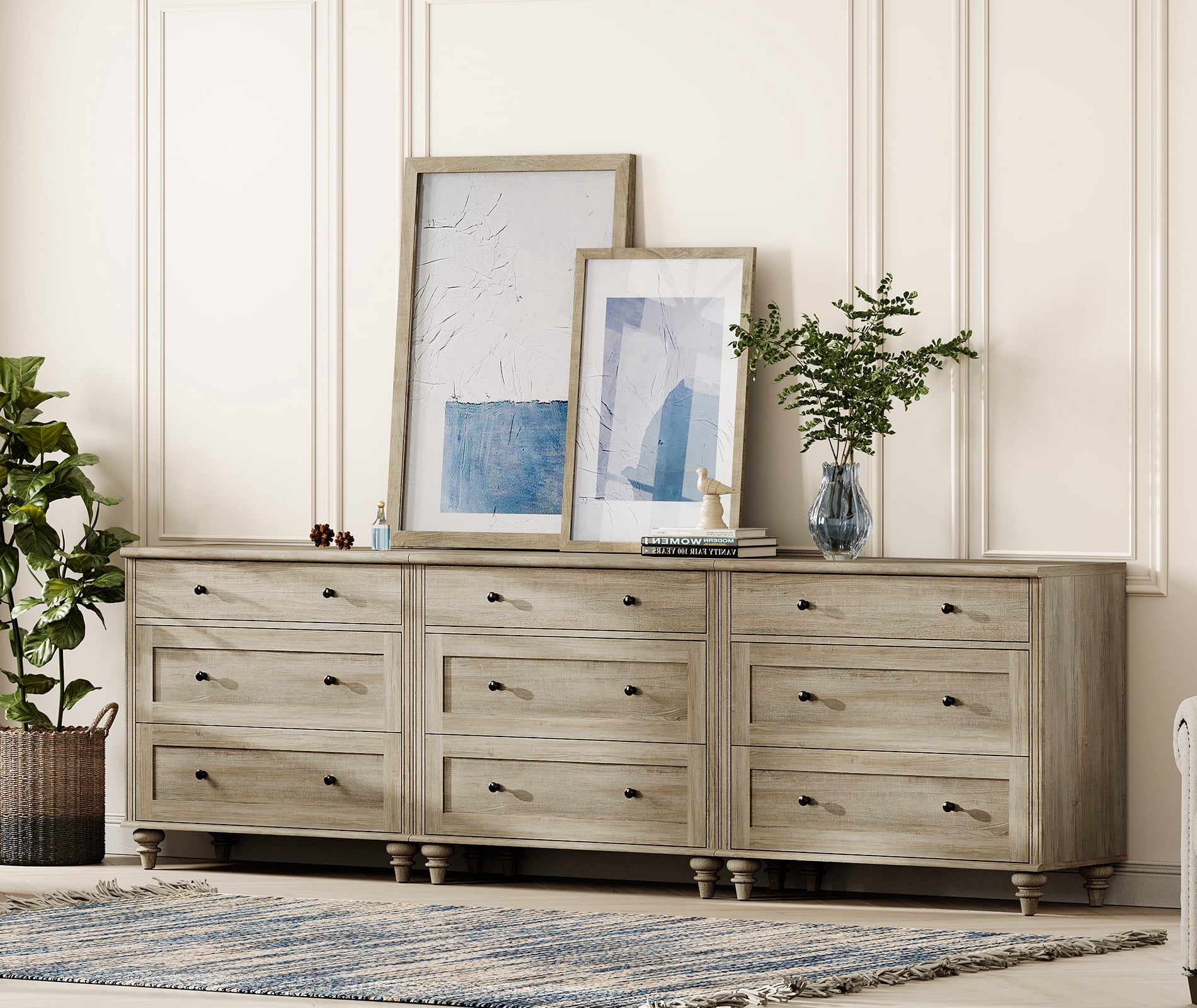 Mid-Century Modern Wooden Dresser with 9 Wide Drawers, Compact Storage Organizer for Bedroom, Nursery, Hallway, and Living Room, Gray Wash