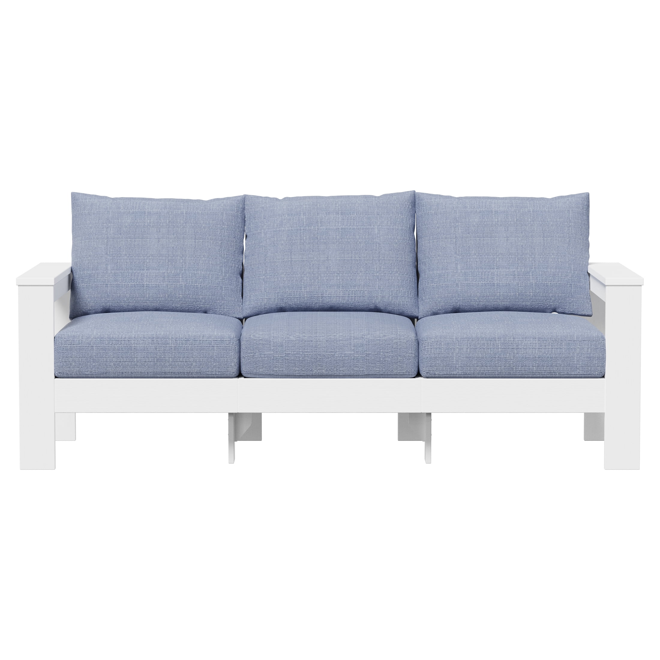 Better Homes & Gardens Ezra Outdoor HDPE Sofa, White with Blue Cushions