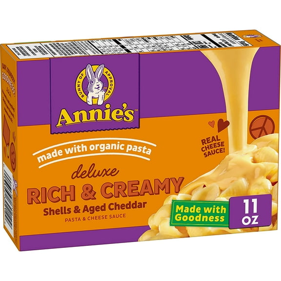 Annie's Deluxe Shells and Aged Cheddar, Pasta and Cheese Sauce, Mac and Cheese Made with Organic Pasta, Dinner Side or Snacks, 11 oz