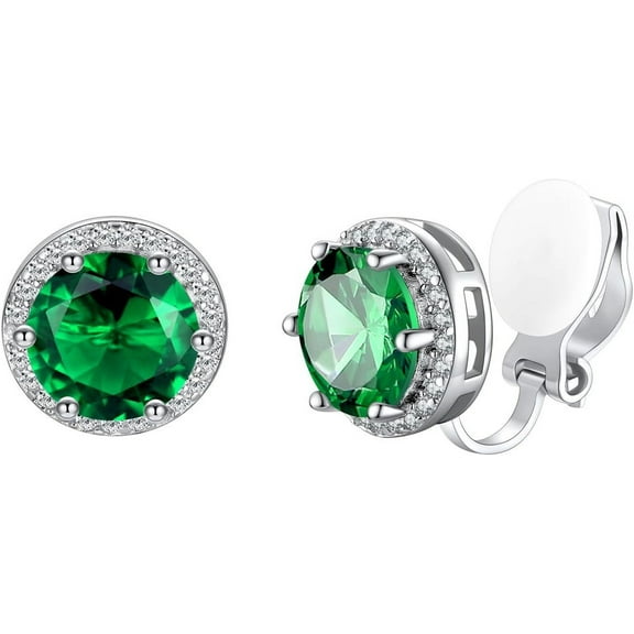 925 Silver 8Mm Cubic Zirconia Birthstone Clip On Stud Earrings Round Non Pierced Earrings For Women,Come With Box[Z1]