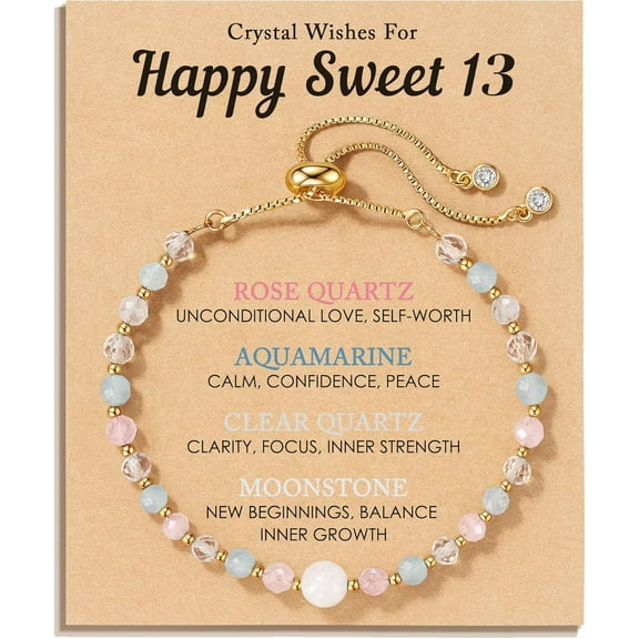Natural Crystal Bracelet: A Gift for Girls Turning 13 or 16 - Rose Quartz, Moonstone, Aquamarine Healing Stone Jewelry