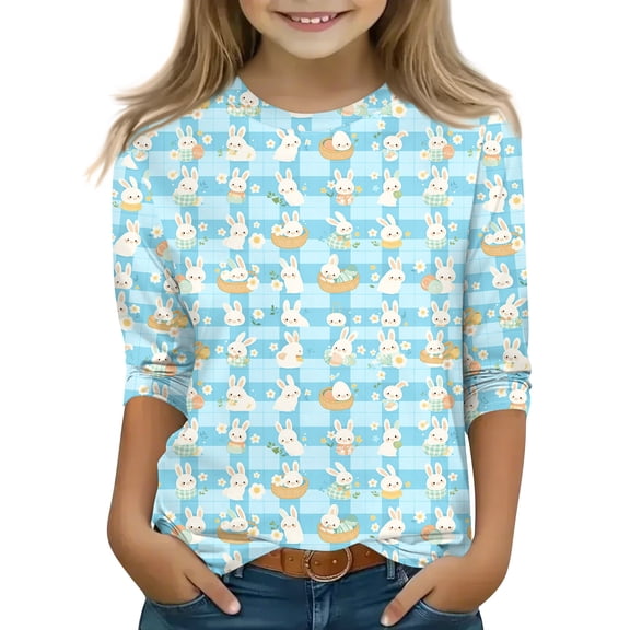 CCRFTGI Easter 3/4 Length Sleeve Shirts for Girls Size 6 Funny Bunny Rabbit T shirts for kids Holiday Crewneck Tee Shirts Casual Spring Day Outfit Light Blue 5-6 Years