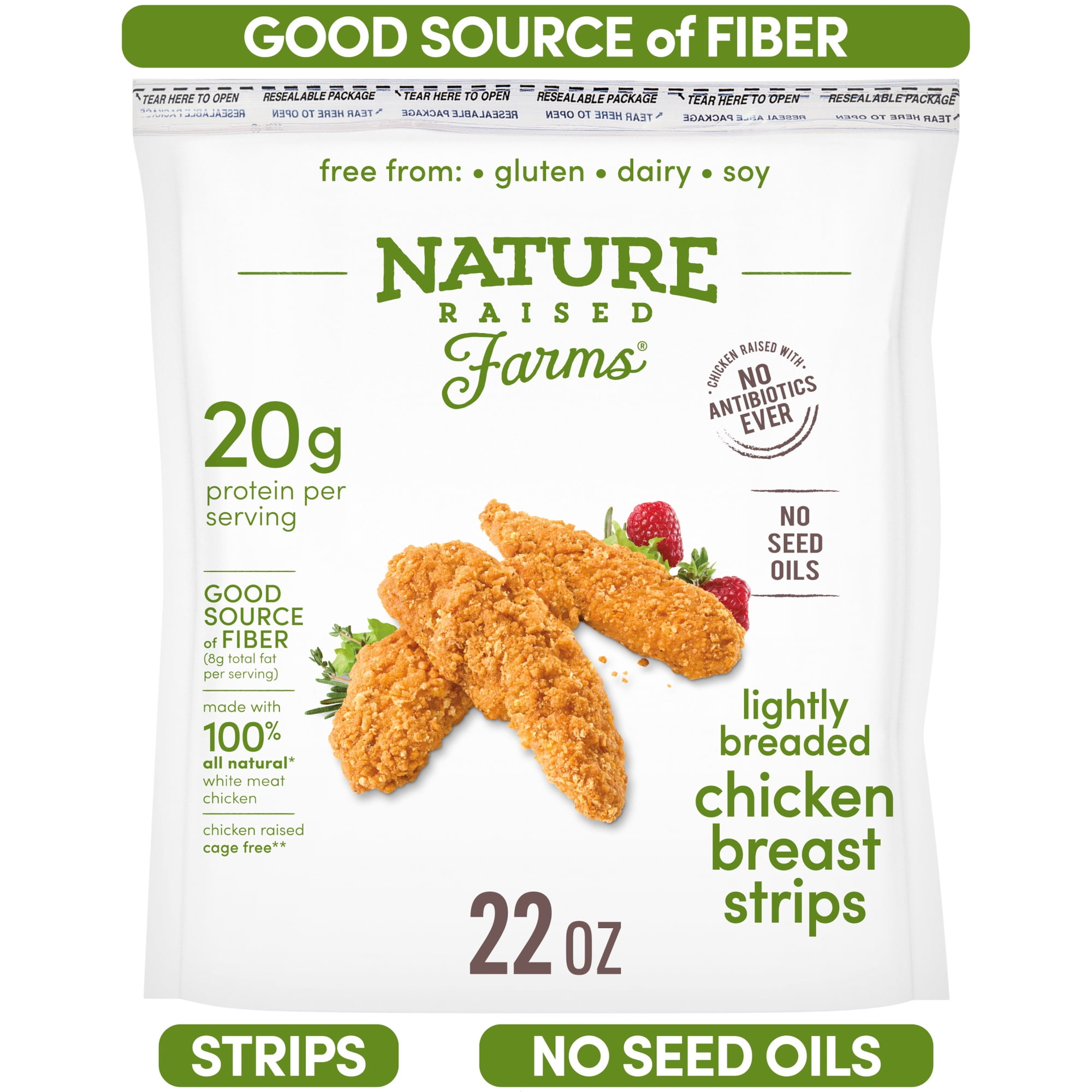 Nature Raised Farms No Seed Oils Lightly Breaded Frozen Chicken Breast Strips, 22 oz, 20g Protein per Serving (Fully Cooked)