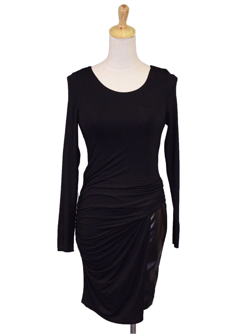 Ligali Black Long Sleeved Gathered Body Con Dress With Faux Leather Panel - Walmart.com Ligali Black Long Sleeved Gathered Body Con Dress With Faux Leather Panel - Walmart.com