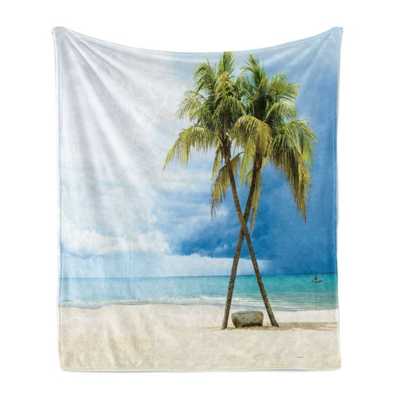 Hawaiian Soft Flannel Fleece Blanket, Cloudy Sky Boat in the Sea Palm Trees Sandy Beach Thailand Seascape Picture Print, Cozy Plush for Indoor and Outdoor Use, 50" x 60", Green Blue, by Ambesonne