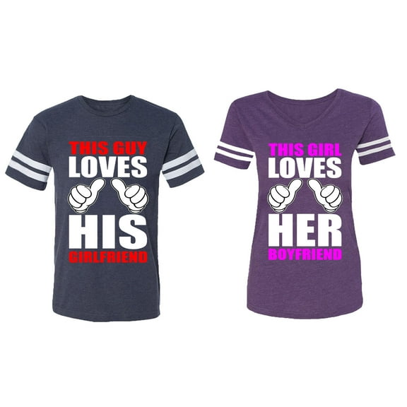 This Guy Lovs His Her Girlfriend Boyfriend Matching Couple Cotton Jerseys (Men Navy / Women Purple) (Men XXL / Women XL)