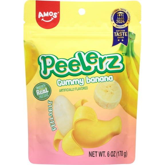 Amos Peelerz Gummy Banana (6 oz), Gummy Candy, Resealable Bag, Contains No Allergens