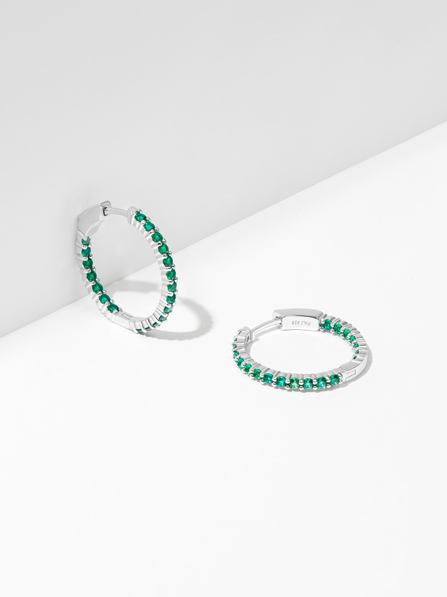 Forever Facets Jewelry Platinum over Sterling Silver Created Emerald Hoop Earrings with Black Velvet Pouch and Box