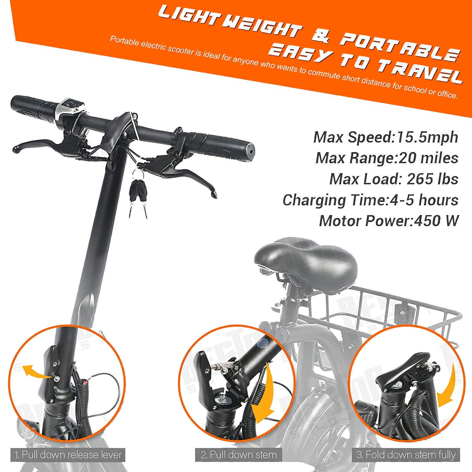 Lohoms 450W Electric Bicycle for Adults, Folding Electric Bike E-Bike Commuter Foldable Scooter with Seat