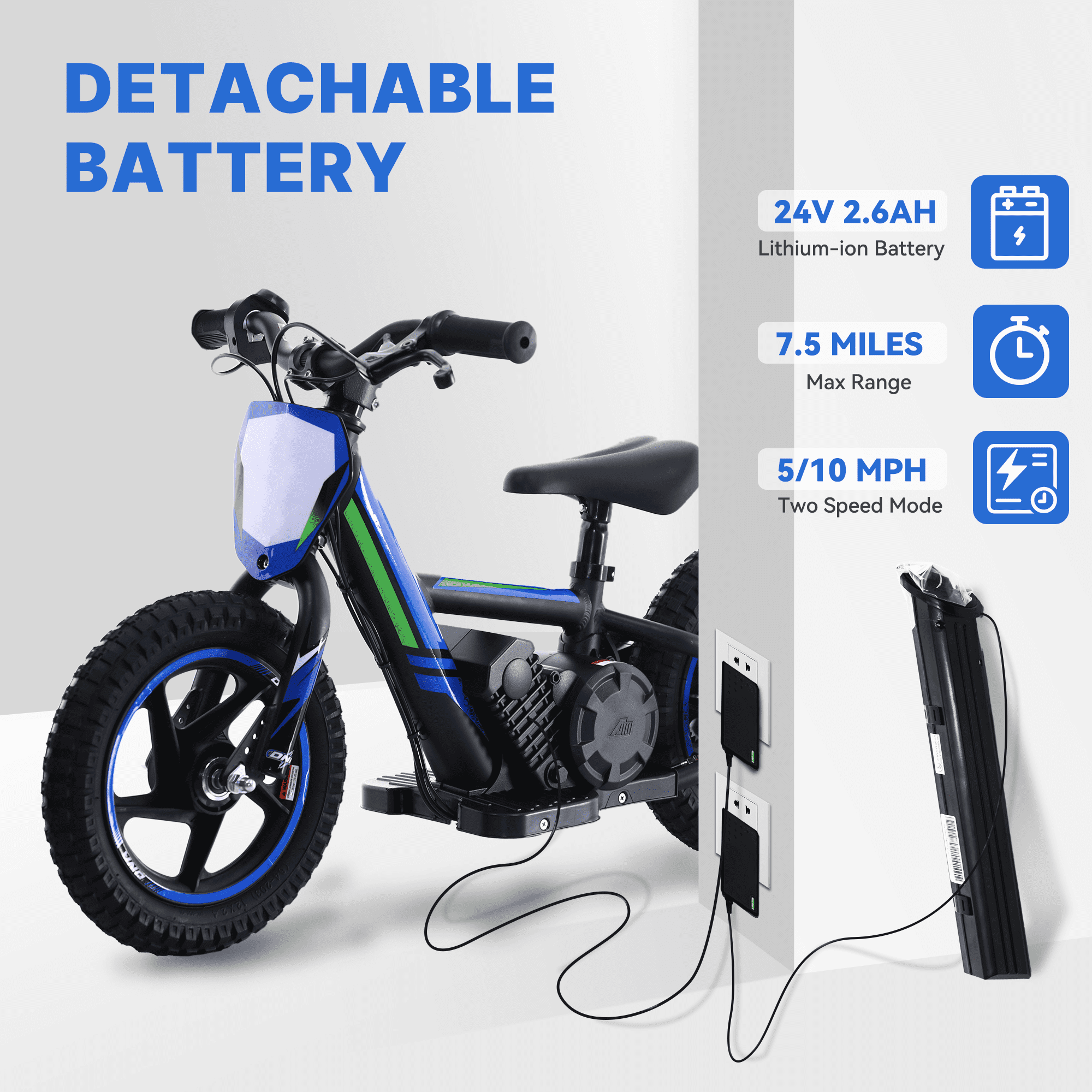 KKA 24V Electric Dirt Bike for Kids, 12 inch Tires Blue with Detachable Battery, for Child 3+