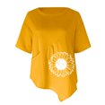 thumbnail image 4 of Chemises d'Été pour Femmes Col Rond Imprimé Coton Lin Haut Grande Taille Ourlet Irrégulier Décontracté Confortable Manches Courtes Blouse, 4 of 4