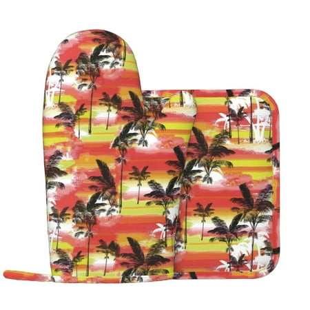 

Palm tree_AE Oven Mitts and Pot Holders Sets with 1 Non-Slip Left Silicone Oven Mitts and 1 Heatproof Insulated Hot Pads for Kitchen Use in Cooking Baking Grilling